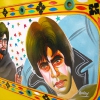 Instead of the usual Bollywood mudflaps this is a painting on the back window of a rickshaw. Artwork by Bobby Solanki. Amitabh Bachchan in Sholay.